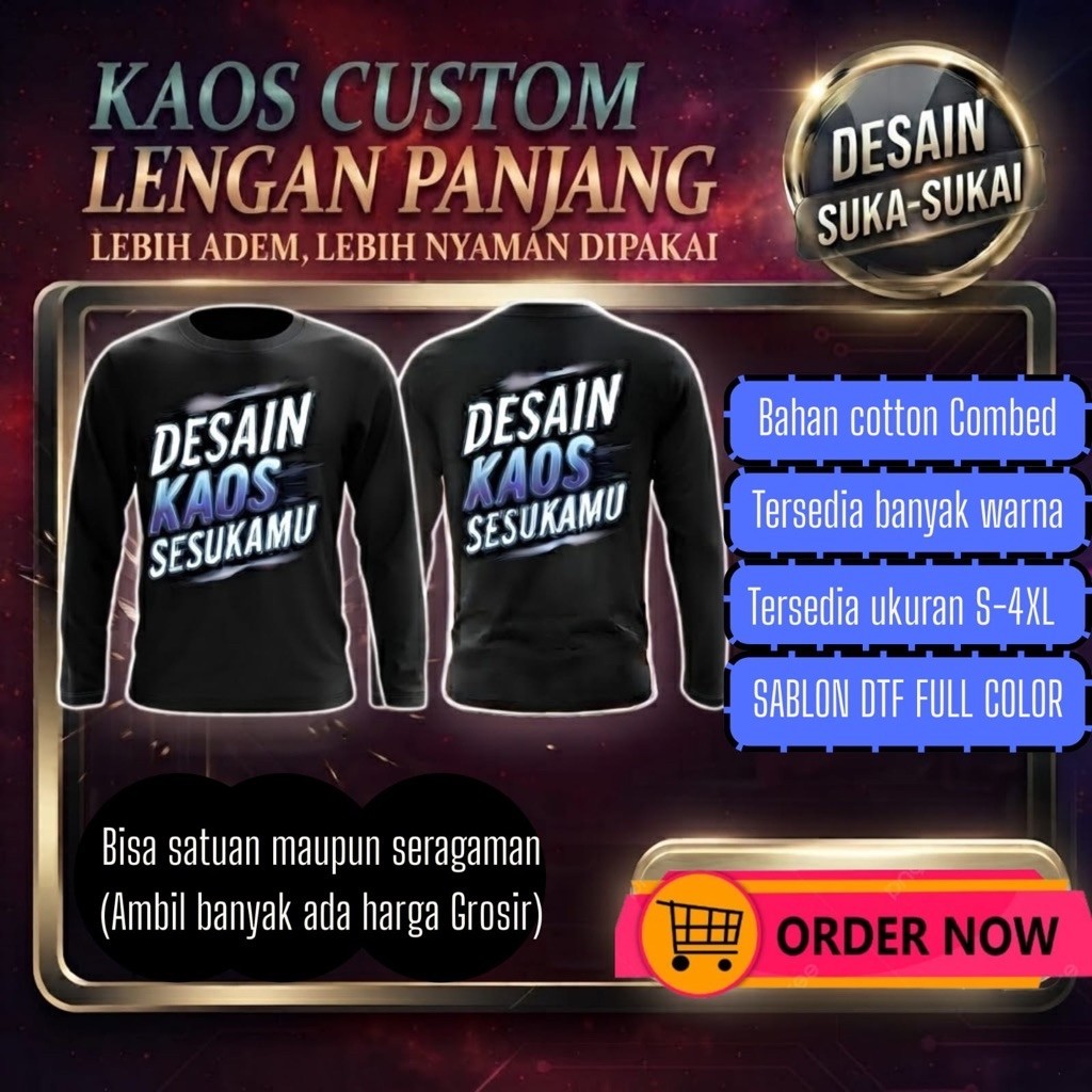 kaos sablon lengan panjang, custom sablon lengan panjang, custom kaos polo, cotton combed, kaos sabl