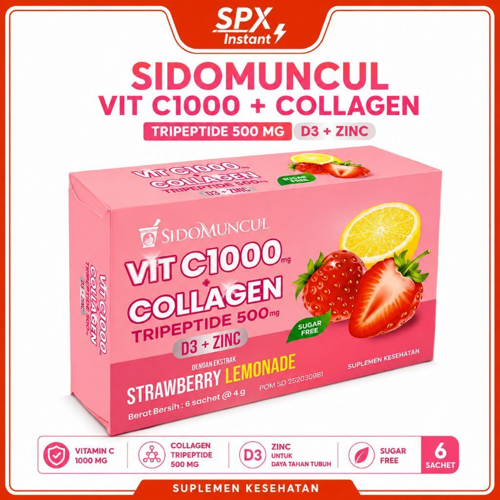 Sidomuncul Vit C1000 Collagen Tripeptide 500mg D3 Zinc Strawberry Lemonade 6 Sachet