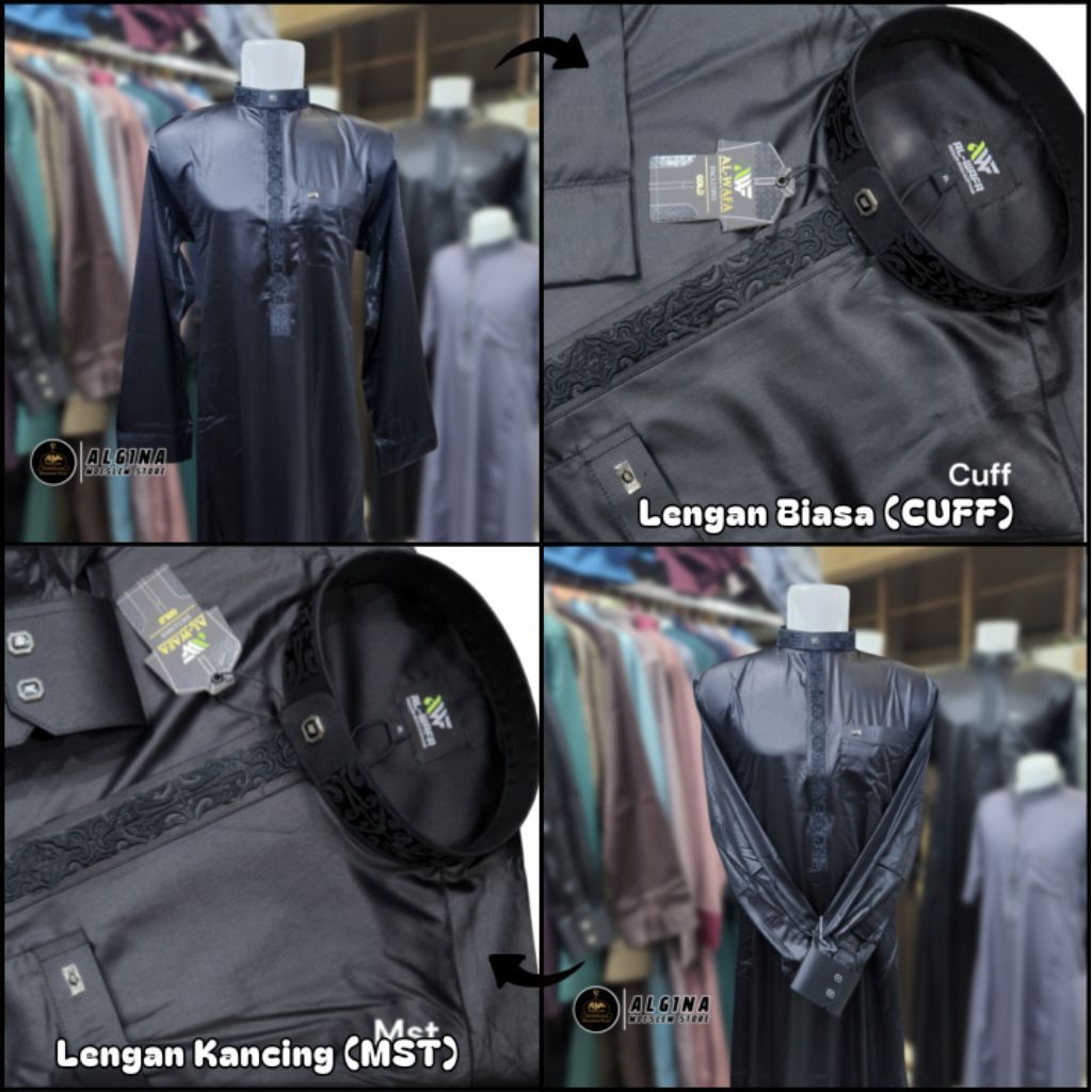 Gamis Al Wafa Hitam Lengan Panjang Manset & Cuff Satin Korea Bordir Resleting | Jubah Muslim Lengan 