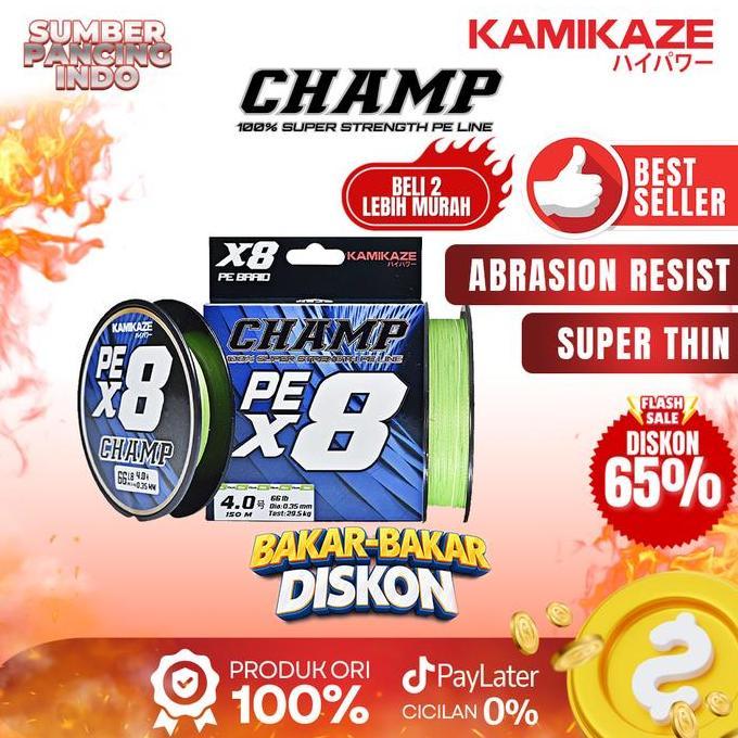 Desyavana - Kamikaze Senar Pe Pancing Champ X8 150Mtr Flame Green White Collor Sic Technology X8 Bra