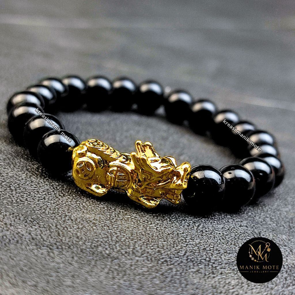 Gelang Obsidian Premium | Natural Black Obsidian | Pixiu Gold | Gelang Pria Handmade