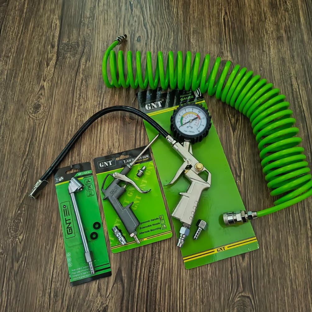 Paket Peralatan Kompresor Selang Spiral 6 Meter + Air Chuck Gun - Semprotan Agin + Inflator Gun 3 In