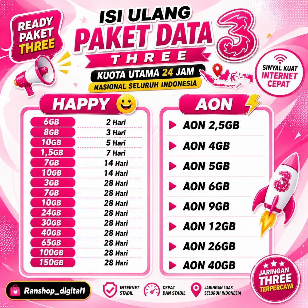 NEW PROMO Termurah Three 300GB 150GB 100GB 70GB  Isi Ulang Kuota Data Internet Tri Three 42GB 30Hari