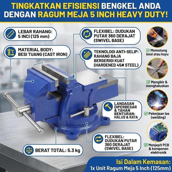 DAMELOPO Ragum Meja 5 Inch 125mm Catok Paron Bench Vise Heavy Duty Swivel Base Putar 360 Derajat Ala
