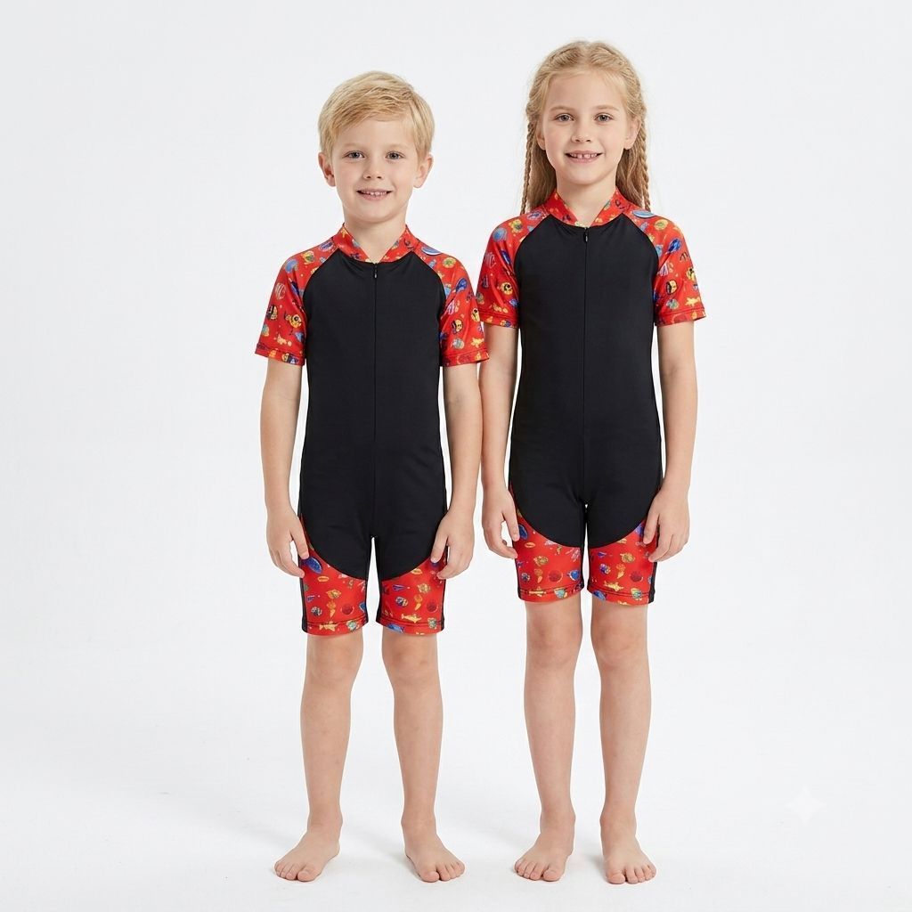 CHIODA 7289 Baju Renang Anak Tangan Pendek Hitam Merah