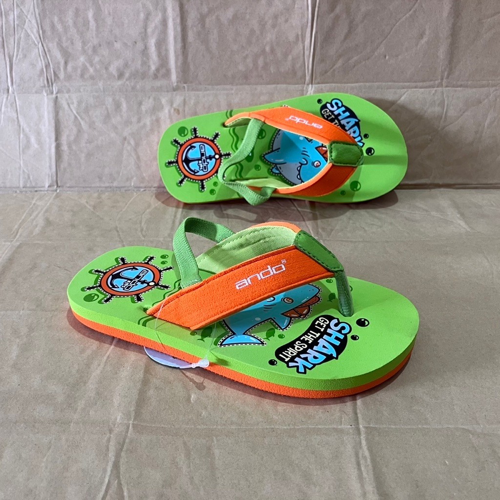 ANDO Shark Baby Sandal Jepit Rubber Anak Balita Anti Licin Terbaru Hijau Orange