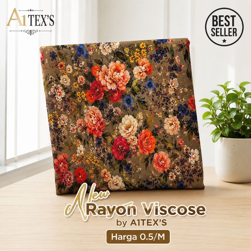Kain Katun Rayon Viscose Premium - Kain Rayon Viscose Motif Floral Bunga Orange Navy Premium - Kain 