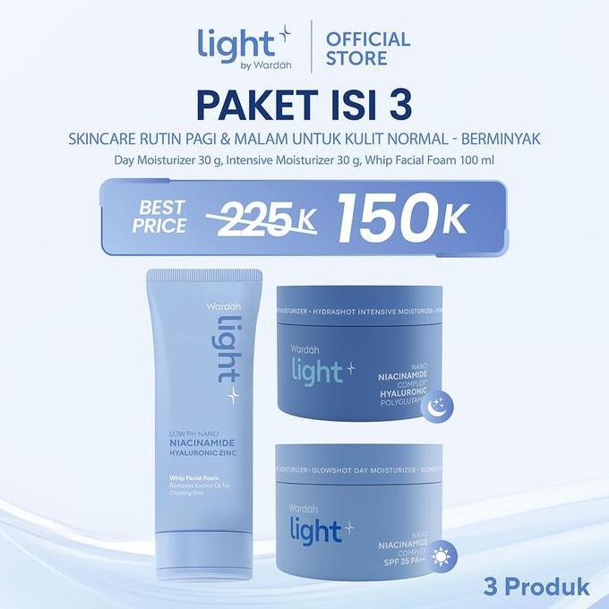 Daagstoree55 - Light+ By Wardah Paket 3 Pcs Low Ph Nano Niacinamide Whip Face Wash, Hydrashot Intens