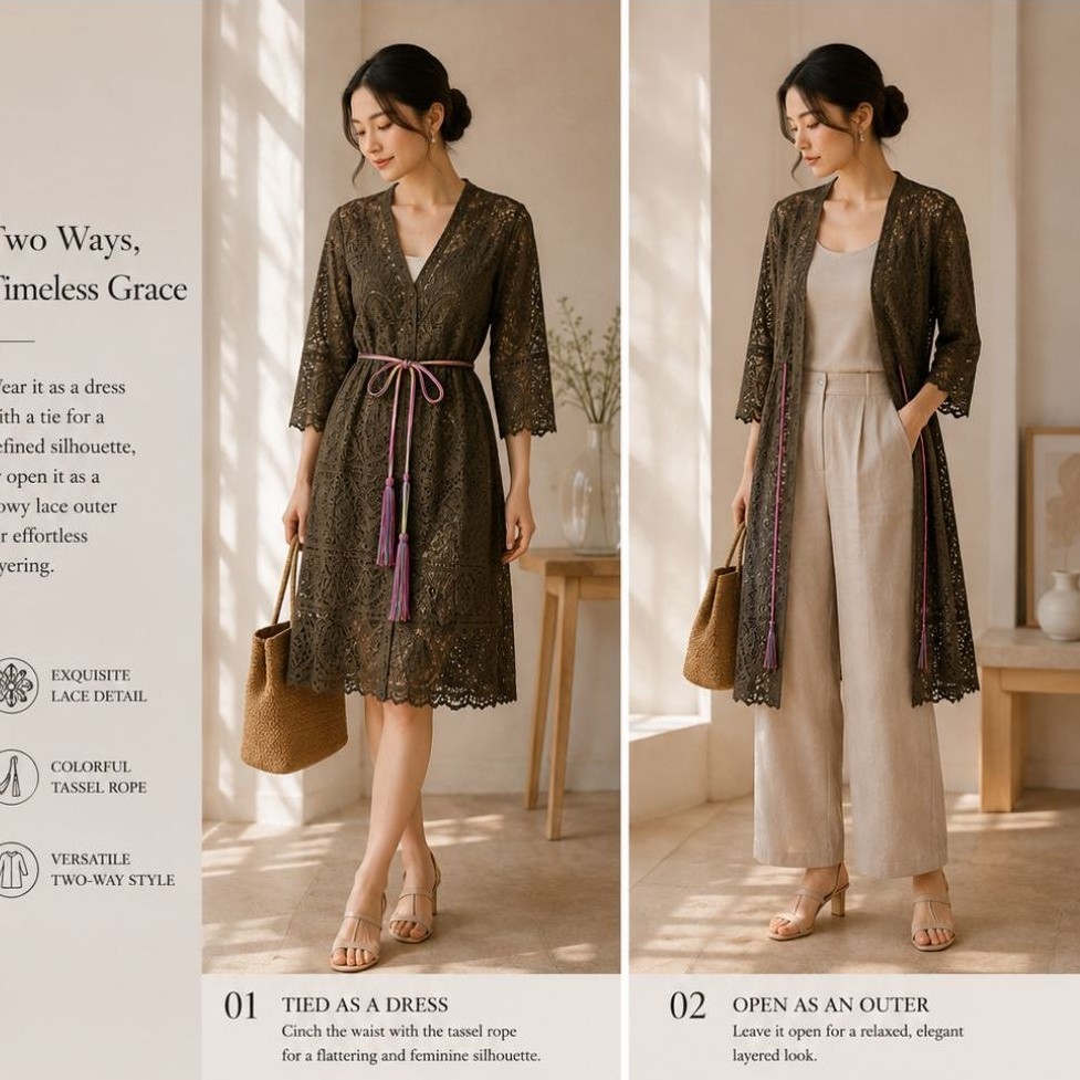 Olive Outer Brokat Wanita Premium Sheer Lace Kimono Lace Cardigan Outer Panjang