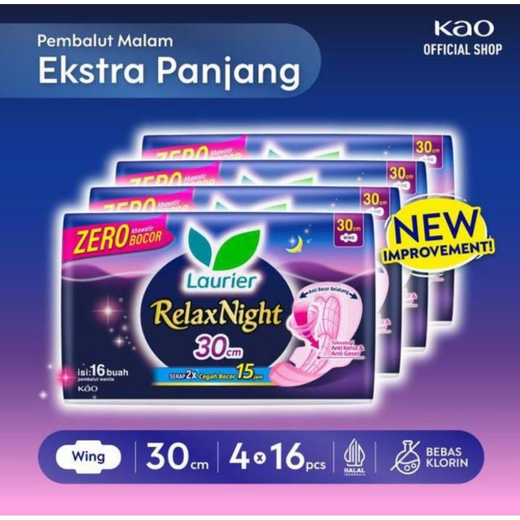 Kao Laurier RelaxNight Pembalut Malam Ekstra Panjang 30cm Wing 4x16pcs Zero Bocor Halal