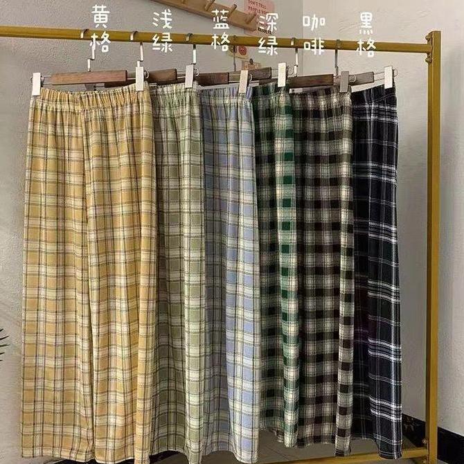 DF102 - CPG1305 Celana Panjang Highwaist Kulot Wanita Motif Kotak Imut, Fashion Korea, Simpel Box Ko