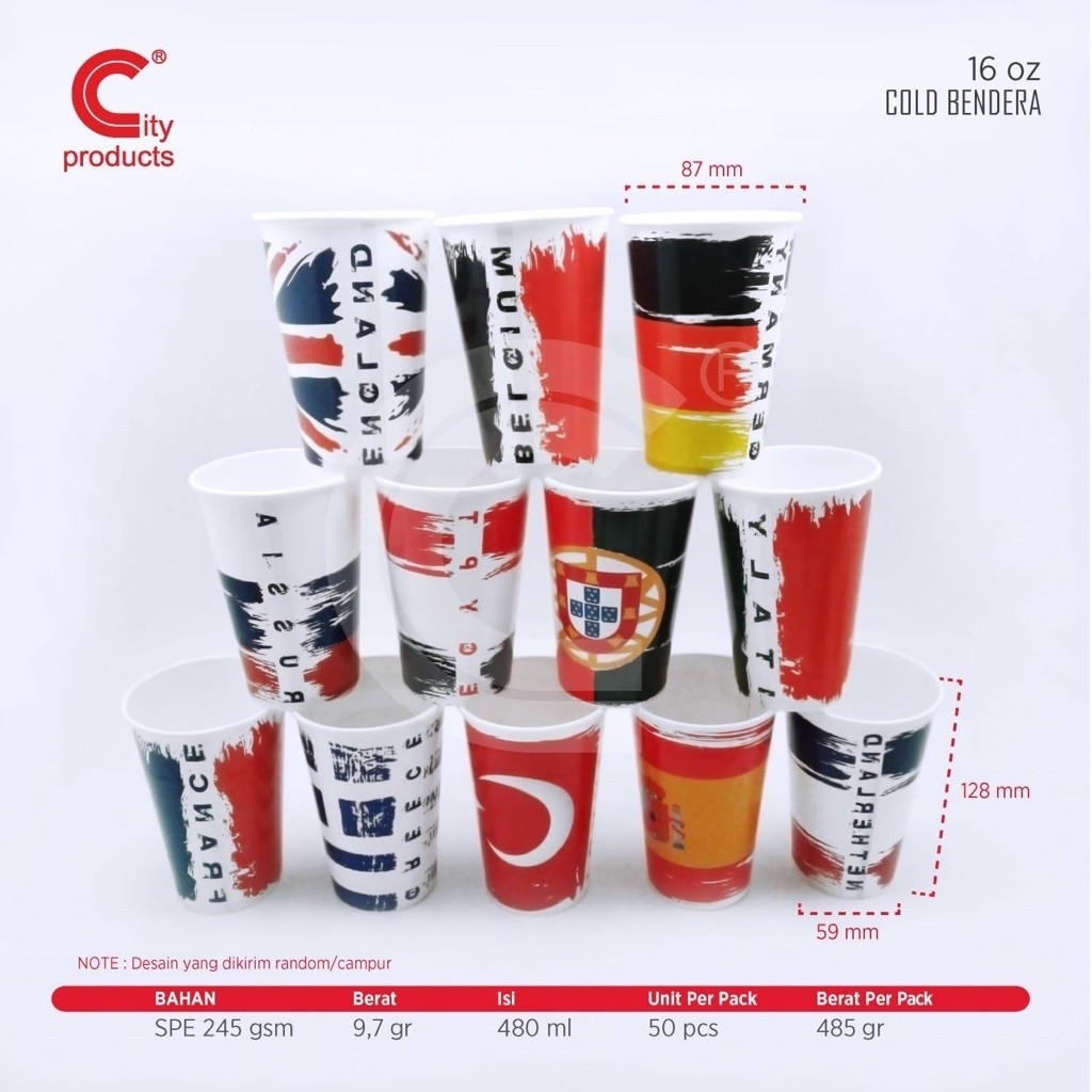 Paper Cup 16 oz Cold Bendera / Gelas Kertas 16 oz Cold Motif bendera
