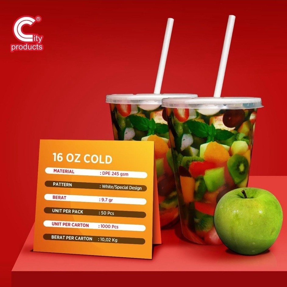 Paper Cup 16 oz Cold Decorative Buah / Gelas Kertas 16 oz Cold Motif Buah