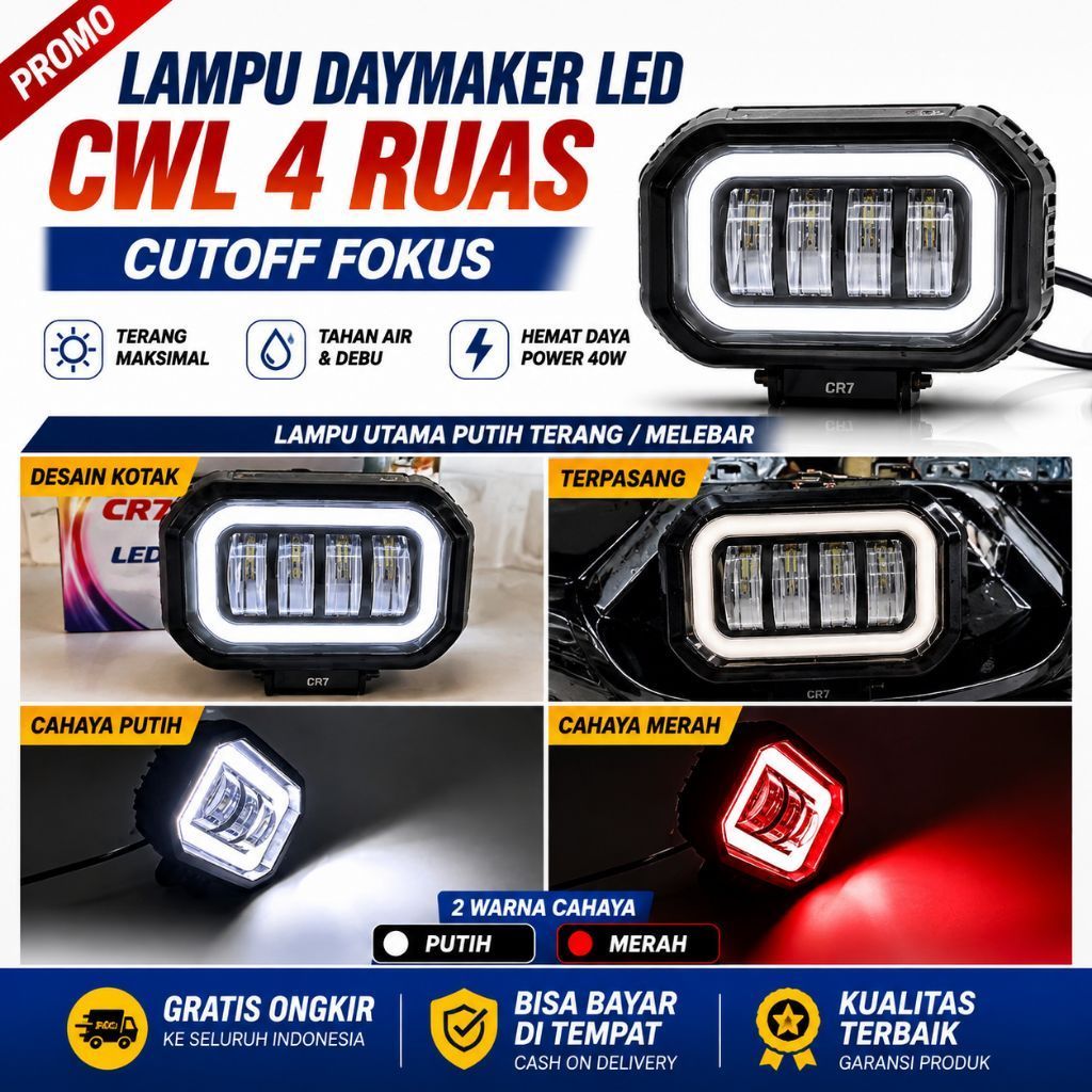 LAMPU TEMBAK DAYMAKER FOGLAMP MOBIL MOTOR LED SOROT 3 LENSA 4 MATA BULAT KOTAK DRL ANGEL EYE