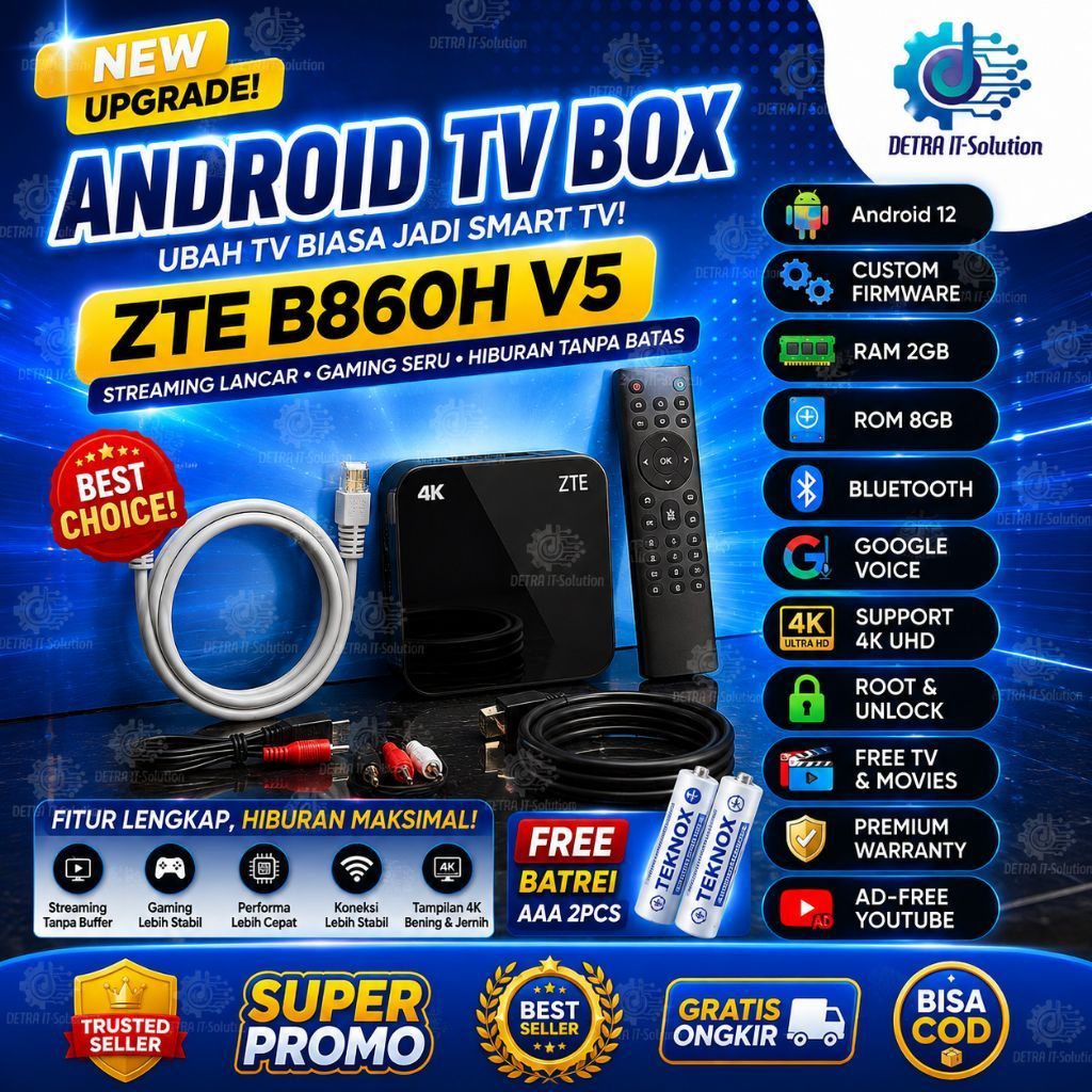 Set Top Box STB ZTEE B860H V5 Android TV Box 4K (Root Unlock) 2GB/8GB Google Assistant Remote Voice 