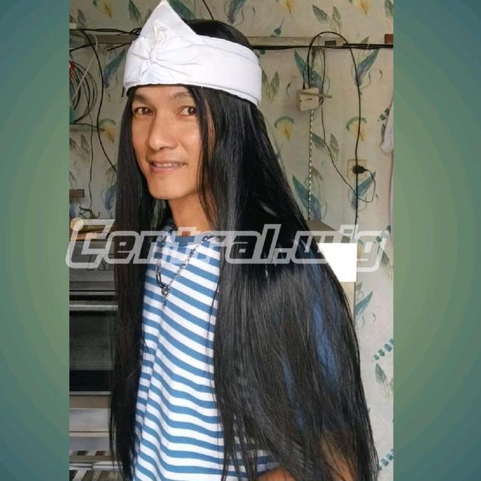 Central Wig Wig Pria Panjang Lurus Tanpa Poni Belah Tengah Rambut Model Pendekar Panjang 60cm untuk 