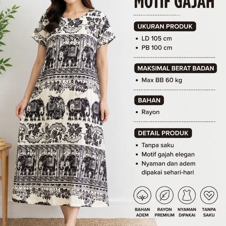 Daster Payung Rayon Motif Etnik Gajah Daster Murah Sragen