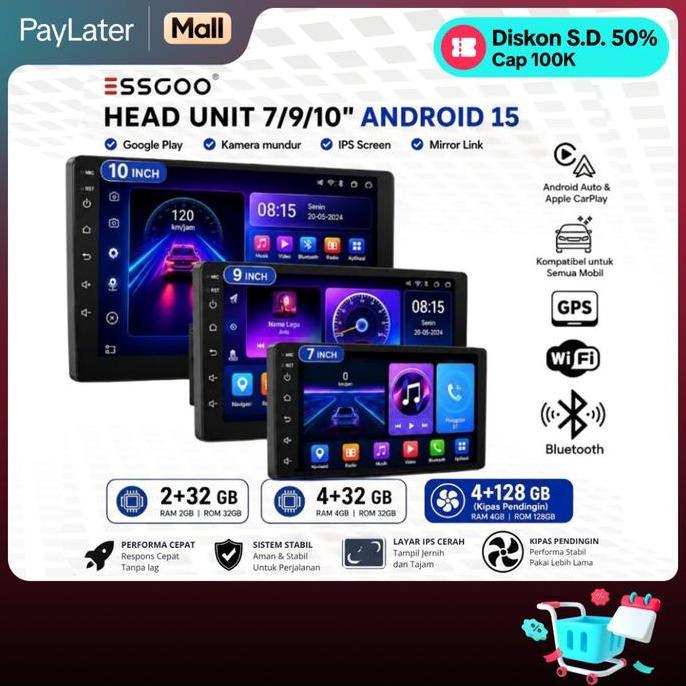 ESSGOO Head Unit Android 15 mobil 4G+64G  7/9/10 Inch 2 Din Kontrol Suhu Cerdas IPS Layer Mobil Navi