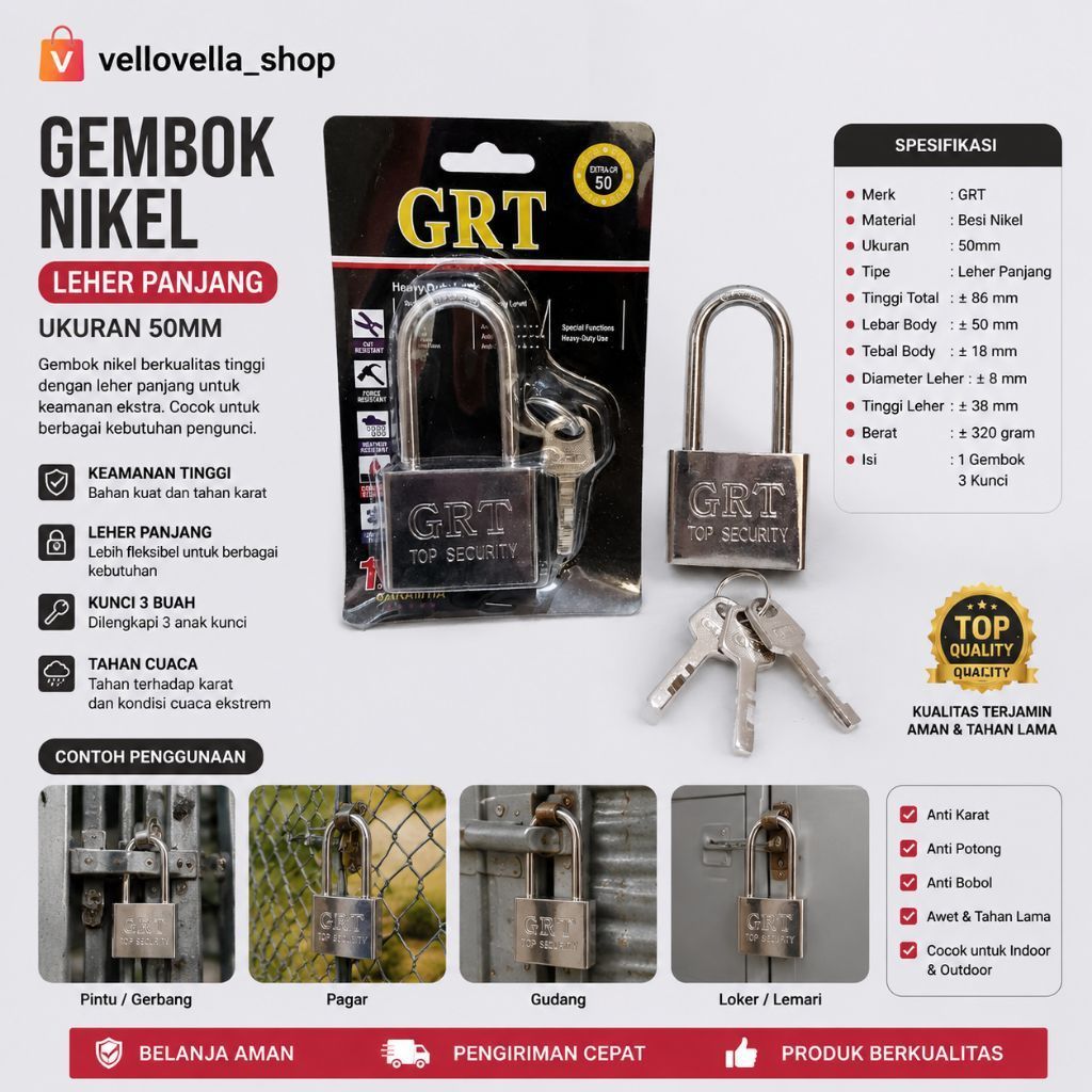 Gembok Nikel Murah 50mm panjang Gembok Pagar Gembok rumah 50mm leher panjang
