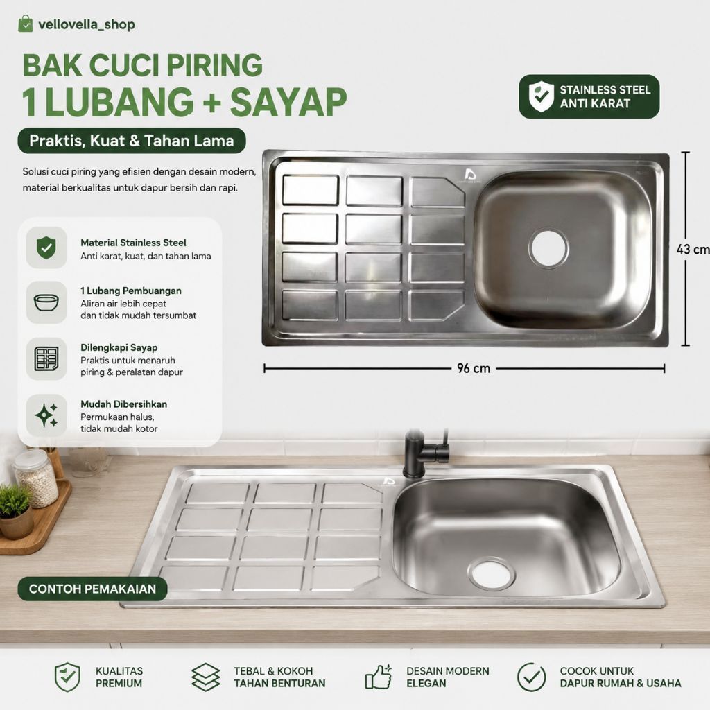 BCP Bak Cuci Piring 1 lubang + Sayap ukuran 96x43 / Kitchen Sink 96x43