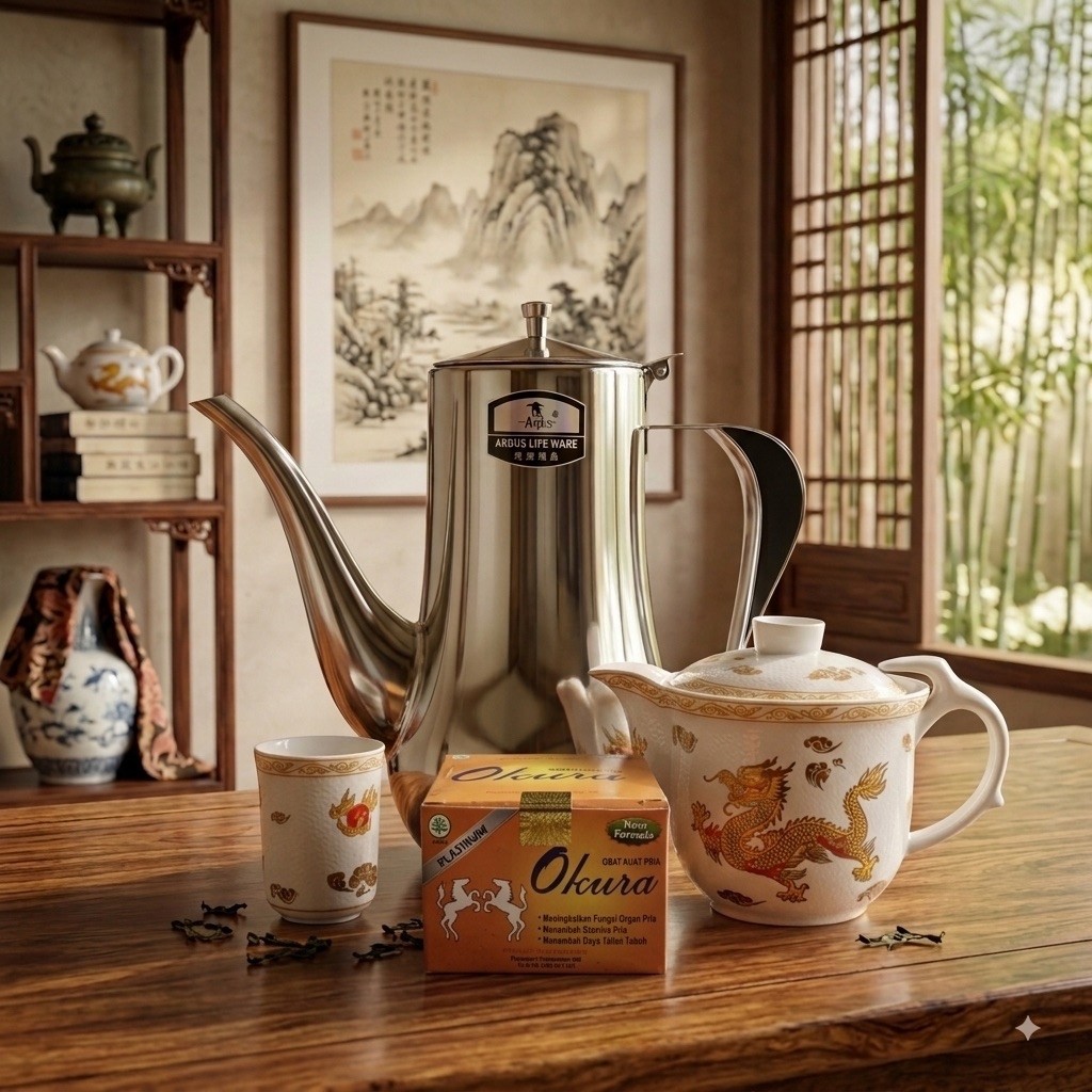 Set peralatan kopi stainless steel dengan teko uduk dan cawan motif okura