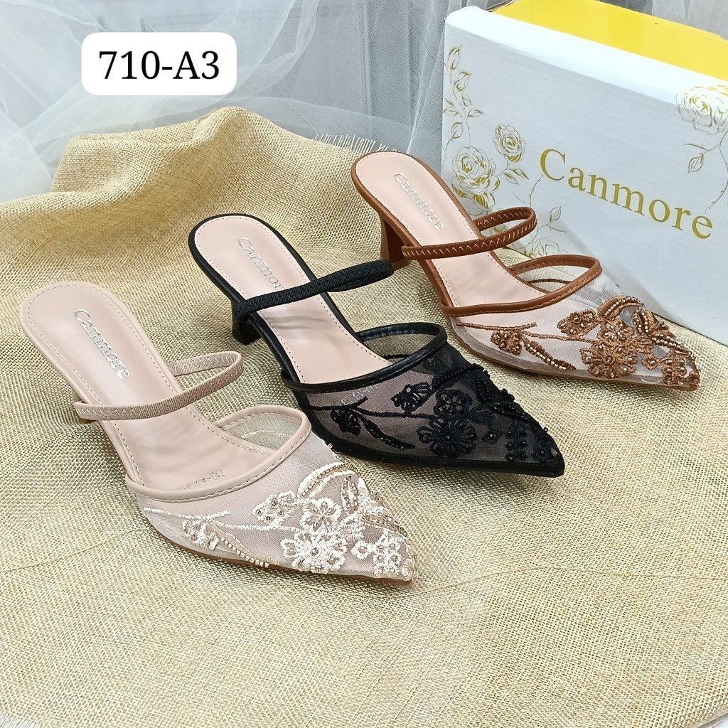 Sepatu mule wanita Canmore 710-A3 model pointed toe renda tali pinggang