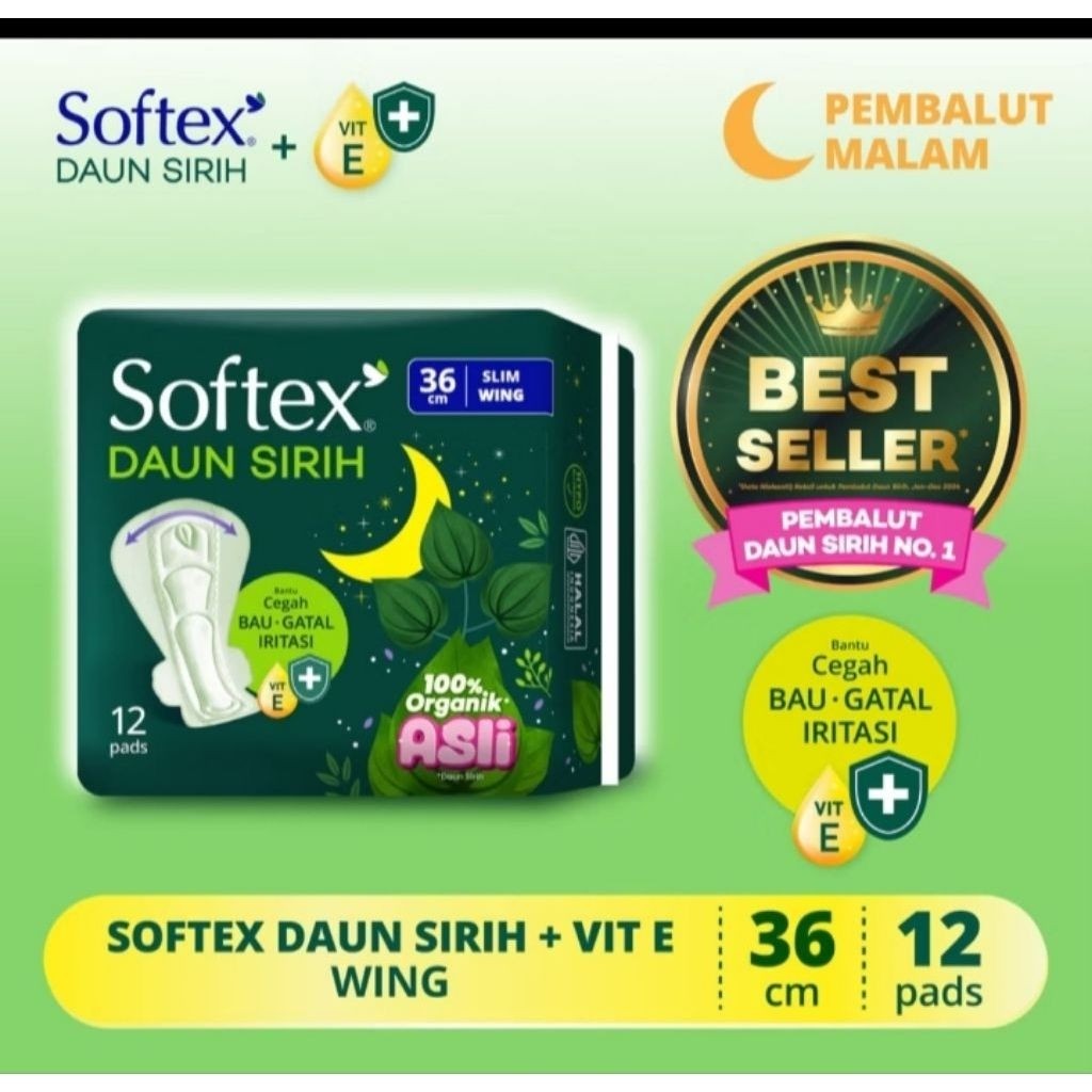 Softex daun sirih wing , non wing , pantyliner, longer wider/sachet/rencengan dan softex daun sirih/