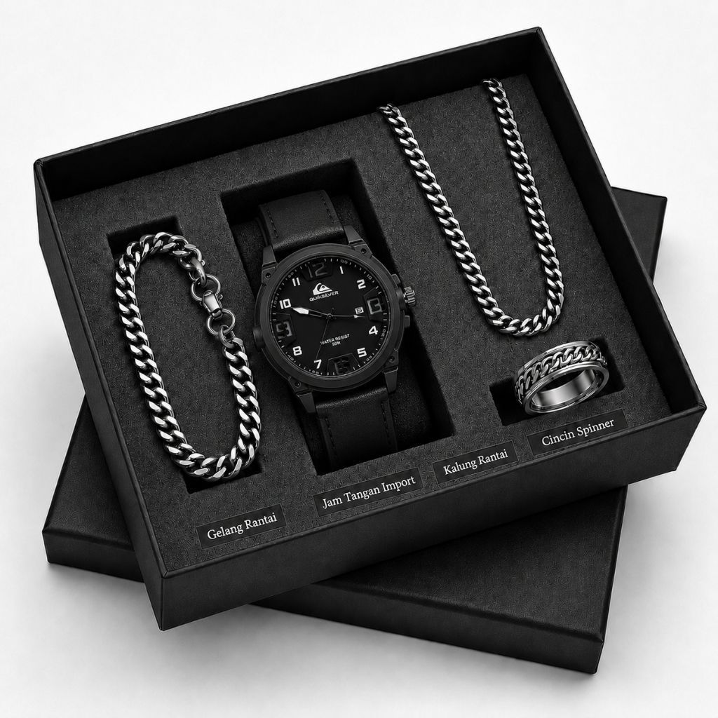 Paket 4pcs Jam Tangan Pria Analog Hitam Digital Led Import GRATIS Kalung Cincin Dan Gelang Titanium 