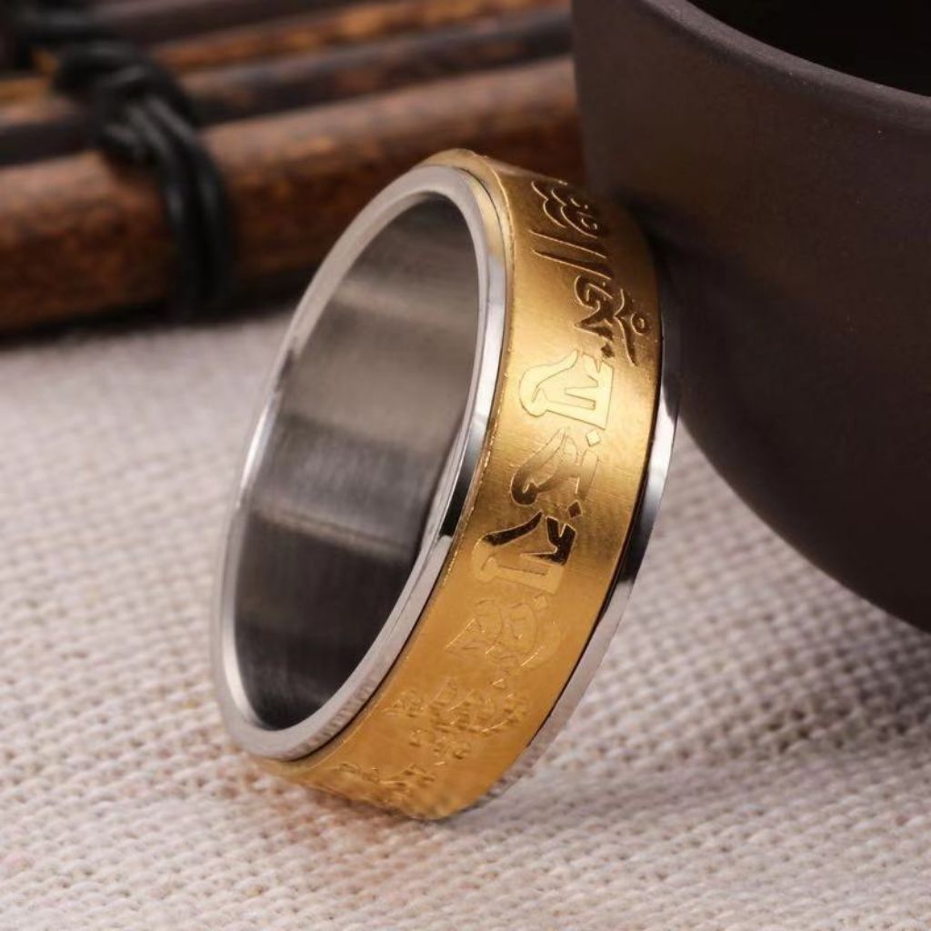 Cincin Premium Mantra Tibet God Of Wealth Silver Gold-Cincin Pria Wanita Budha Aksesoris