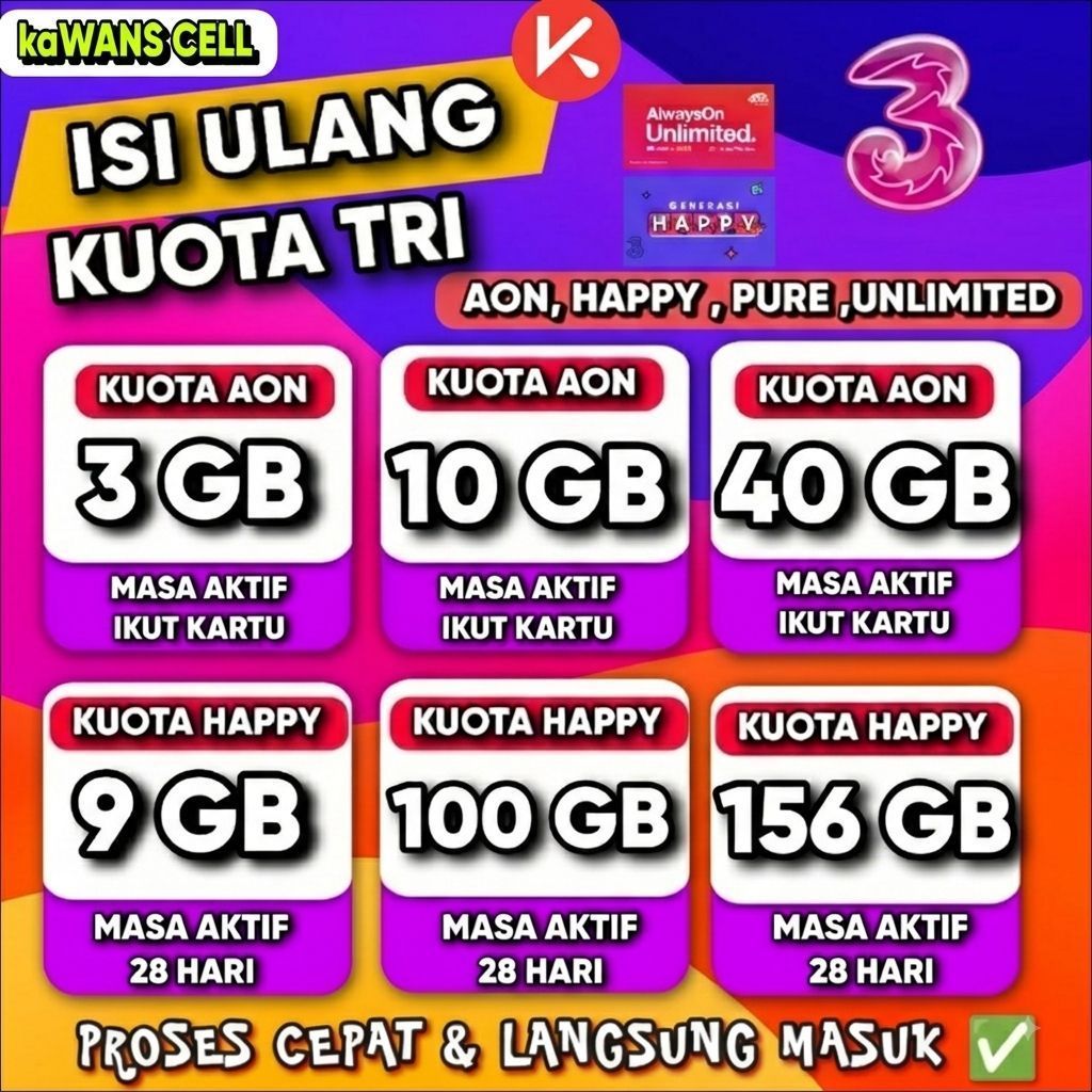 paket kuota internet tri 3 Aon happy unlimited full 24 jam aktif selamanya, kuota NASIONAL UNTUK SEL