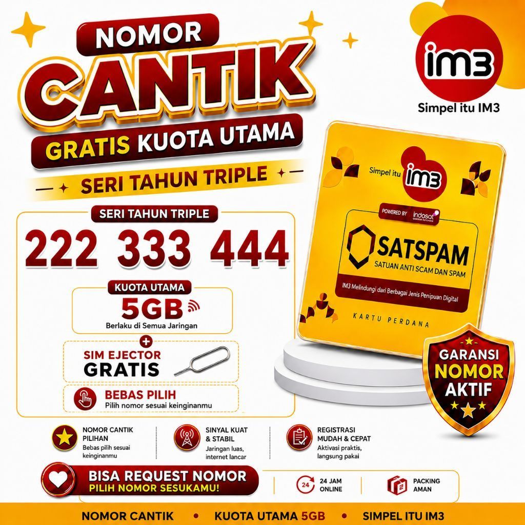 Kartu Perdana IM3 Indosat Ooredo Seri Cantik 222 333 444 Kuota Utama 5GB Nasional