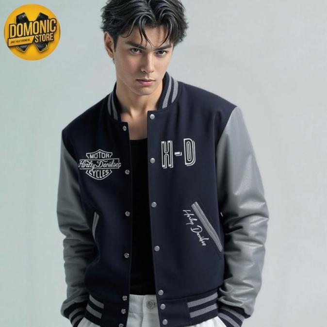 CUSTOM JAKET VARSITY KULIT MOTOR HARLEY DAVIDSON BLACK GREY
