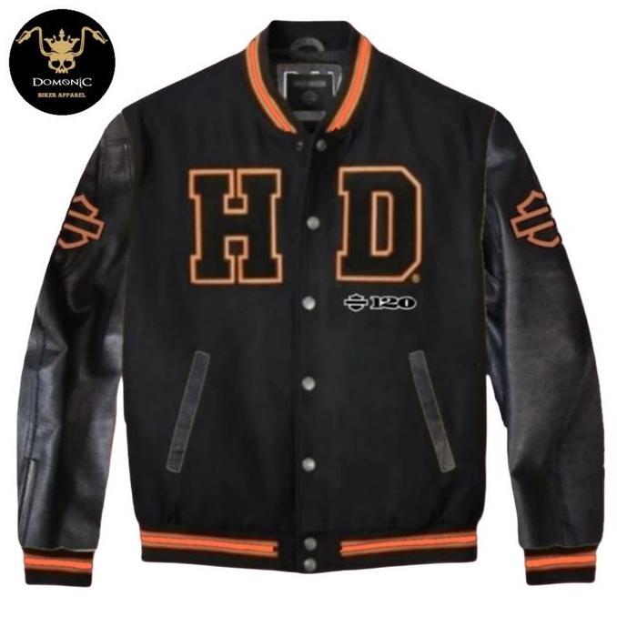 Jaket Varsity kombinasi kulit sapi import asli HARLEY DAVIDSON hitam