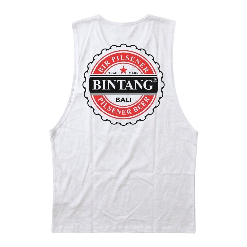 Kaos singlet pria putih motif bintang bali tanpa lengan casual low cut