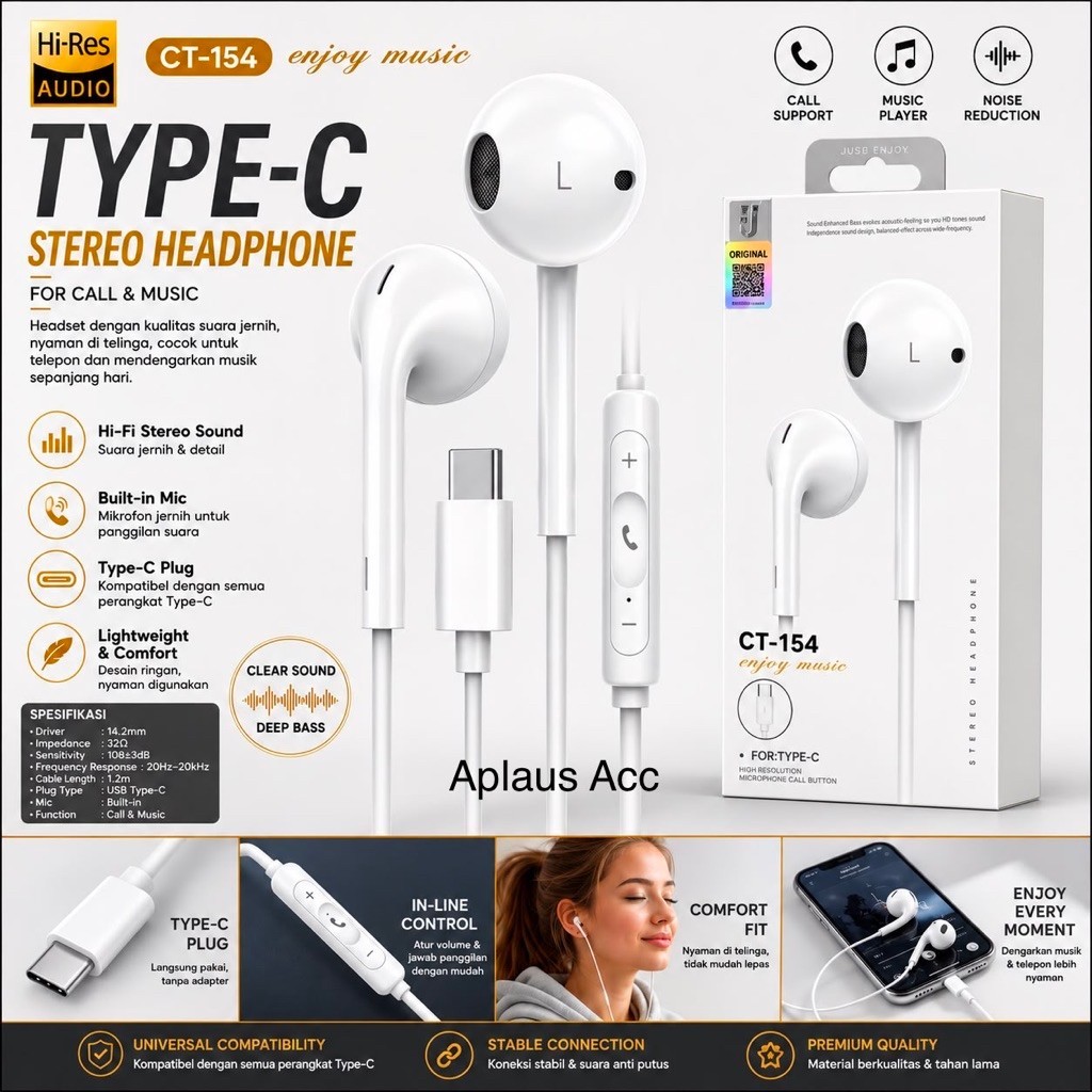 (GROSIRAN) Handsfree Headset CT-154 Colokan Type C Stereo Bass