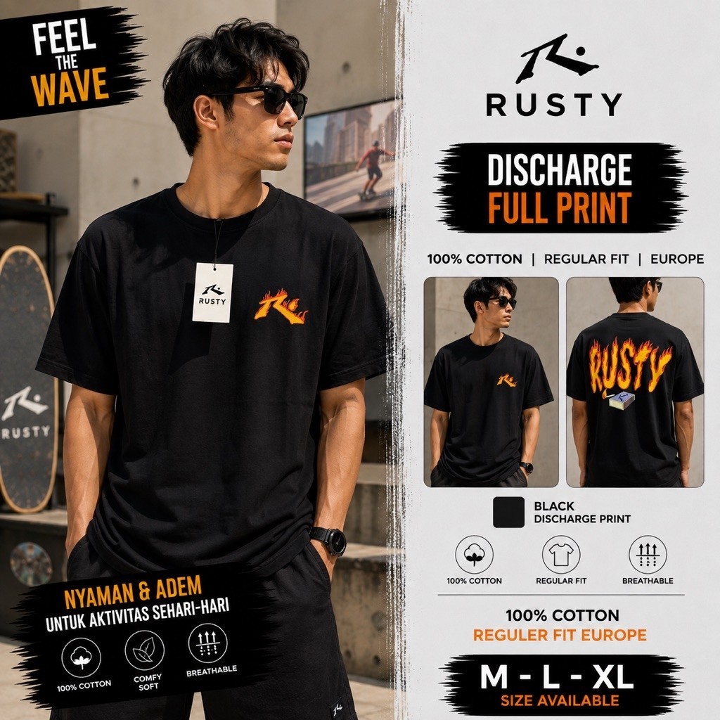 Kaos Rusty Pria Back Print Hitam motif api | Cotton Premium 100% | Regular Fit Europe | T-Shirt Surf