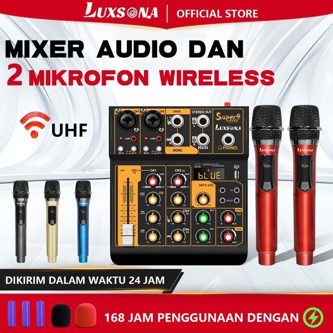 Mixer Audio 4 Channel Profesional + wireless microphone mini mixer penguat sinyal kartu suara blueto