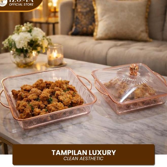 Izuma Buy 1 Get 1 Tempat Buah Prasmanan Persegi Nampan Saji Dengan Tutup Kristal Handle Pink Gold