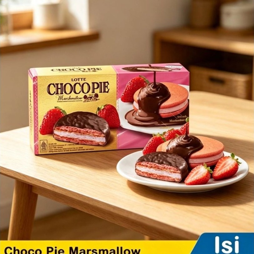 Lotte Choco Pie Marshmallow Biskut Coklat Rasa Marshmallow dengan Strawberry