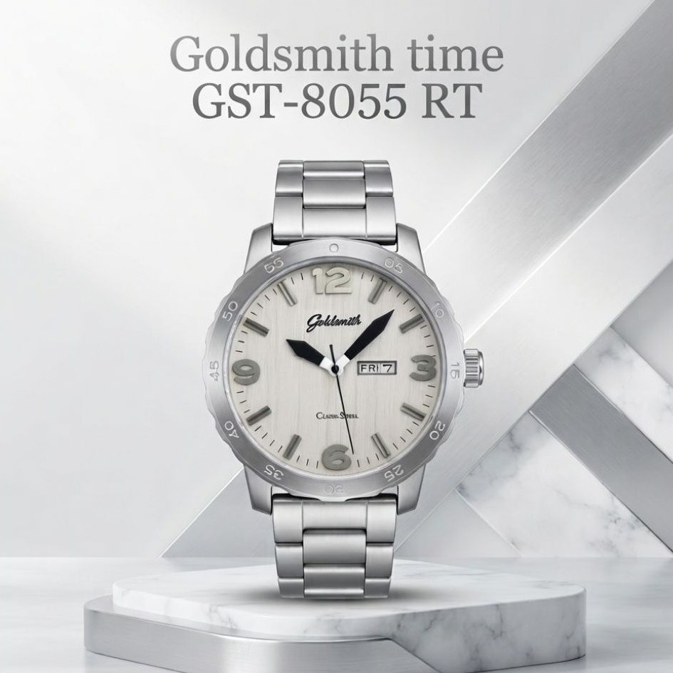 Goldsmith jam tangan analog pria GST 8055 RT Analog Date Stainless Steel Tali Rantai