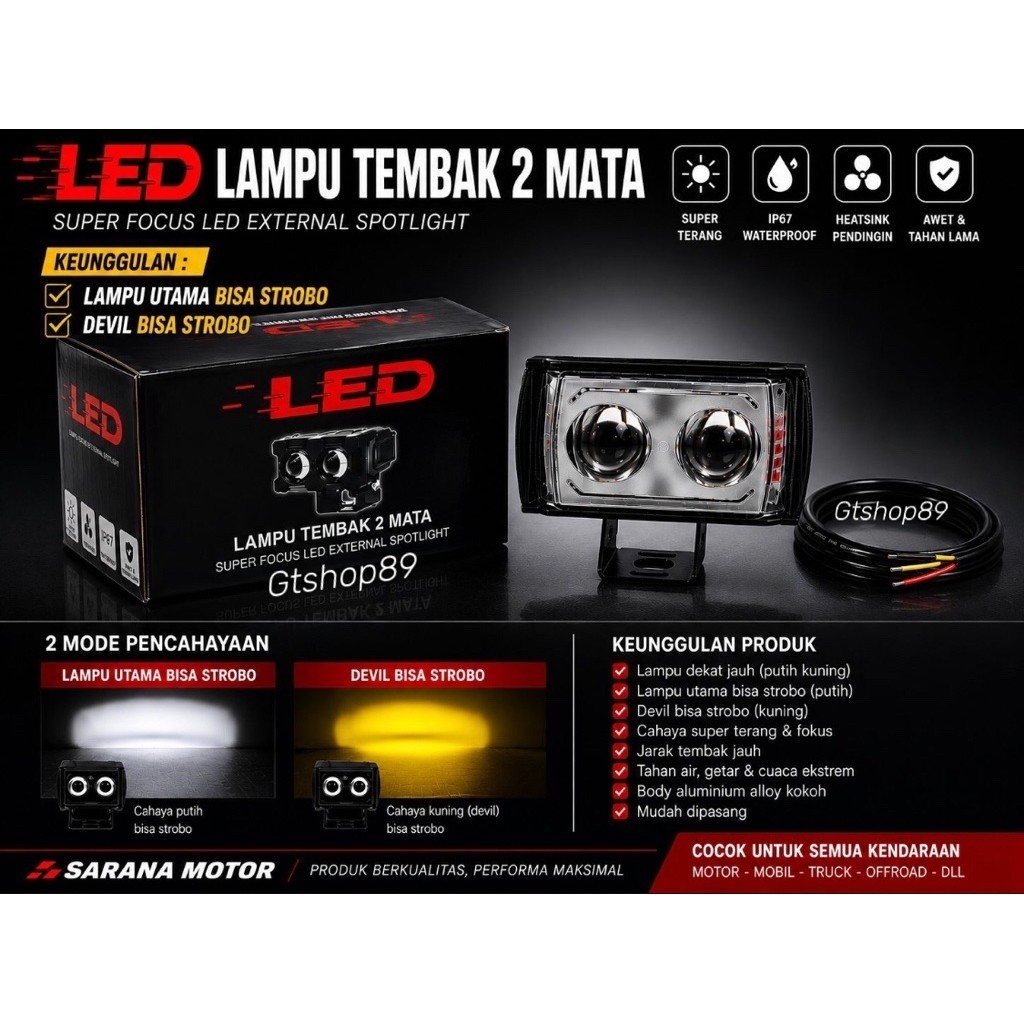 Lampu Tembak LED CWL 2 Mata Lensa Devil Merah Biru Bisa Mode Kedip Cahaya Putih Kuning Waterproof La