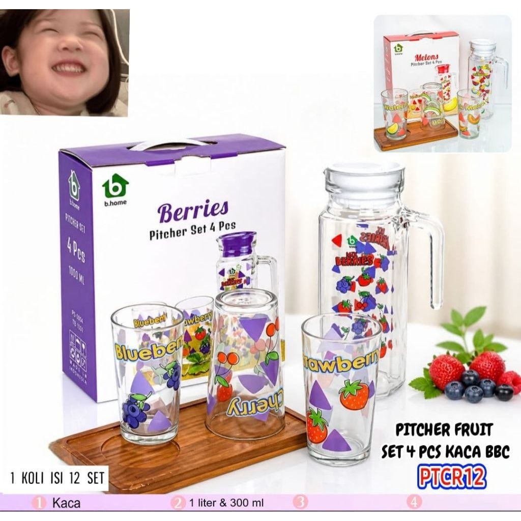 Bhome Berries Pitcher Set 4 Pcs Kaca BBC PTCCR12 1 Liter & 300 ml
