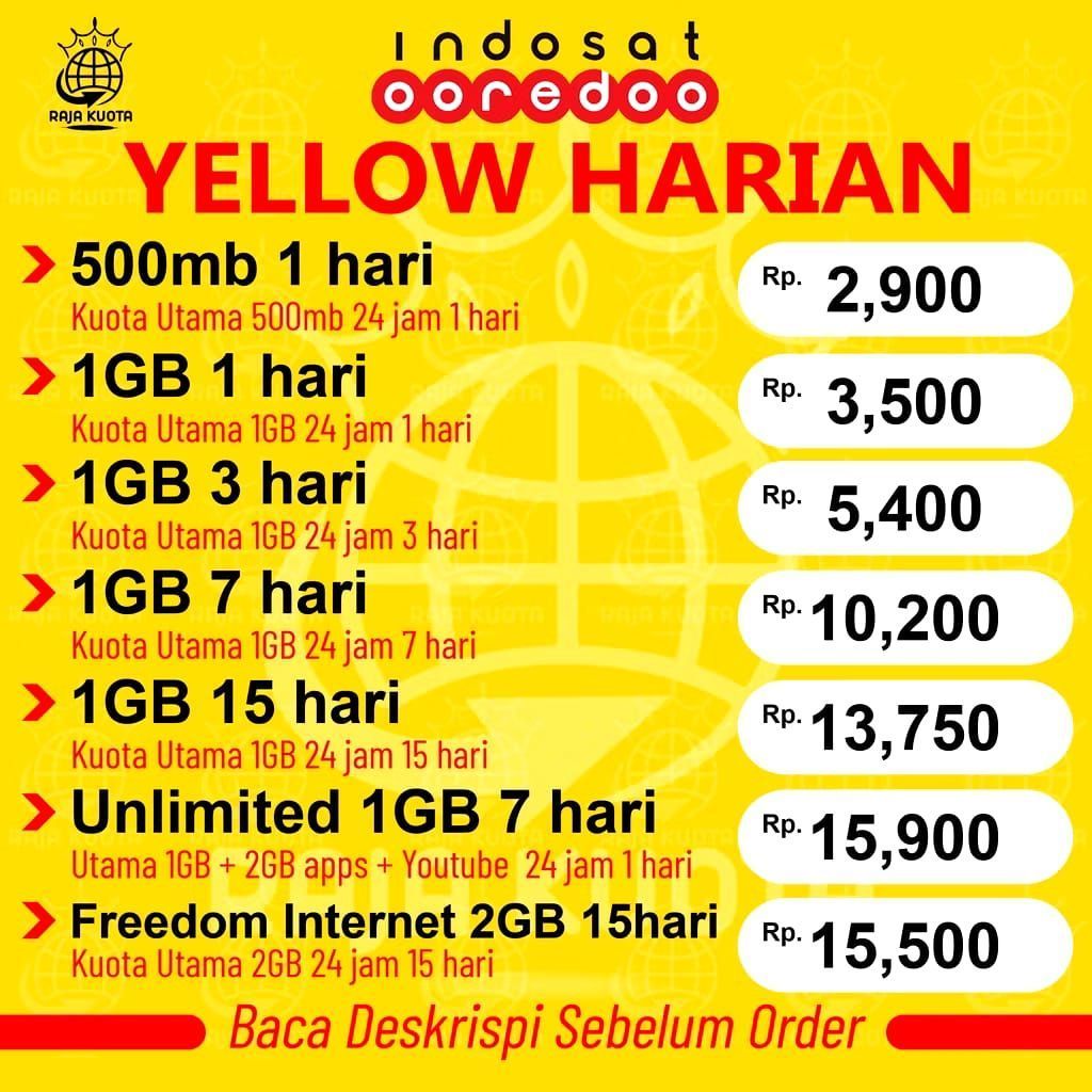 Paket Kuota Data Internet Indosat Yellow Freedom Harian 1GB 2GB 1hari 3hari 7hari 15hari