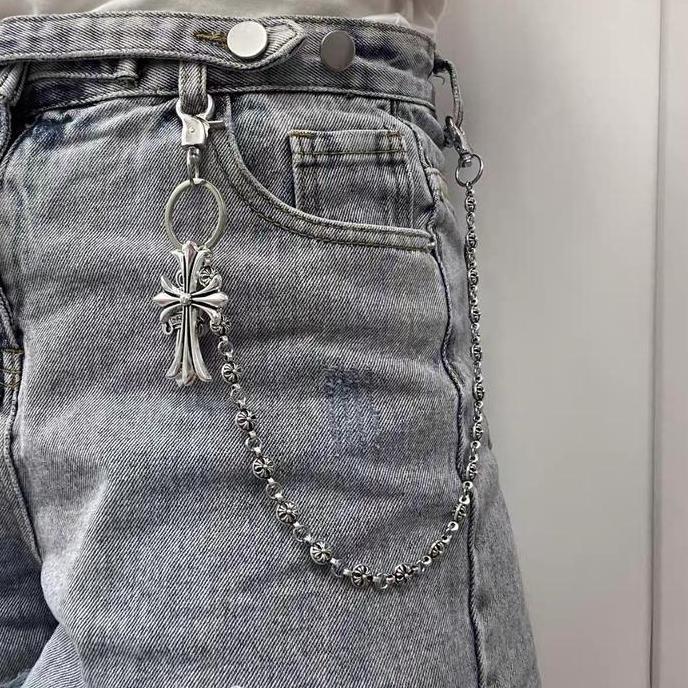 OVERAJA Chrome Hearts Rantai Jeans Salib Manik-Manik Bundar Pedang