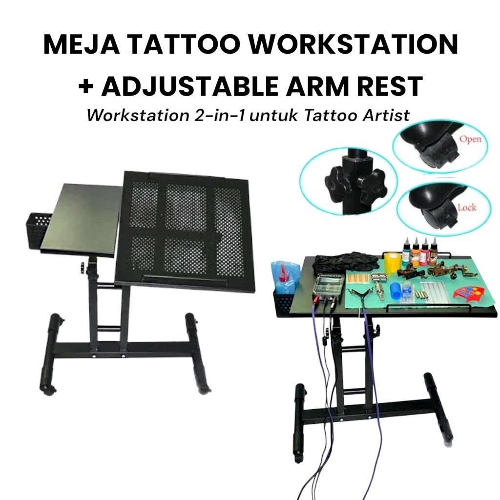 Meja tattoo workstation adjustable arm rest 2in1 meja kerja tattoo artist studio