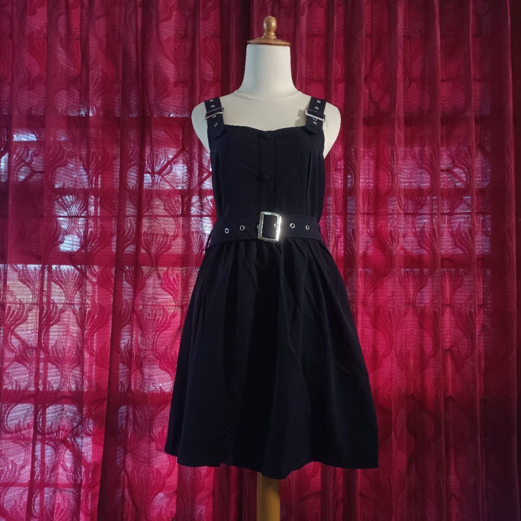 NieR Clothing Mini Dress Hitam Bordiran Sayap dengan Ikat Pinggang JSK Jumper Skirt Ghotic Style Y2K