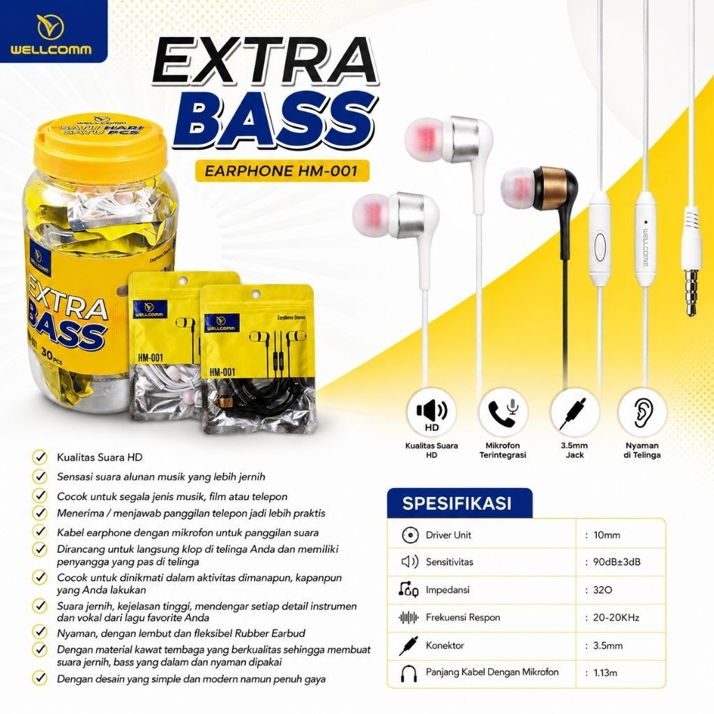 Headset Handsfree Earphone Wellcomm HM-001 Android Iphone Hedset Bass Original 100% Sound HD Hetset 