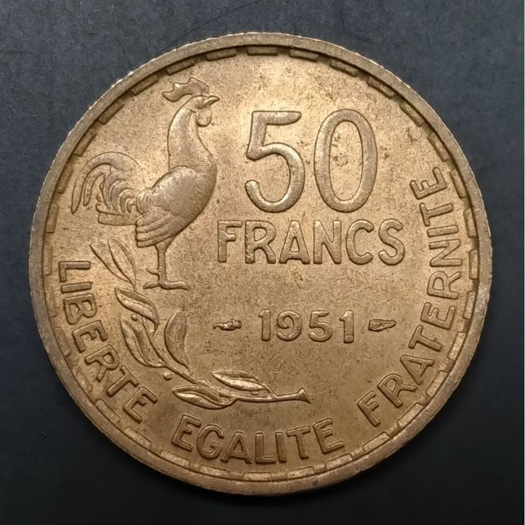 Koin Kuno Prancis 50 Francs Ayam jago 1951 Koleksi uang kuno unik