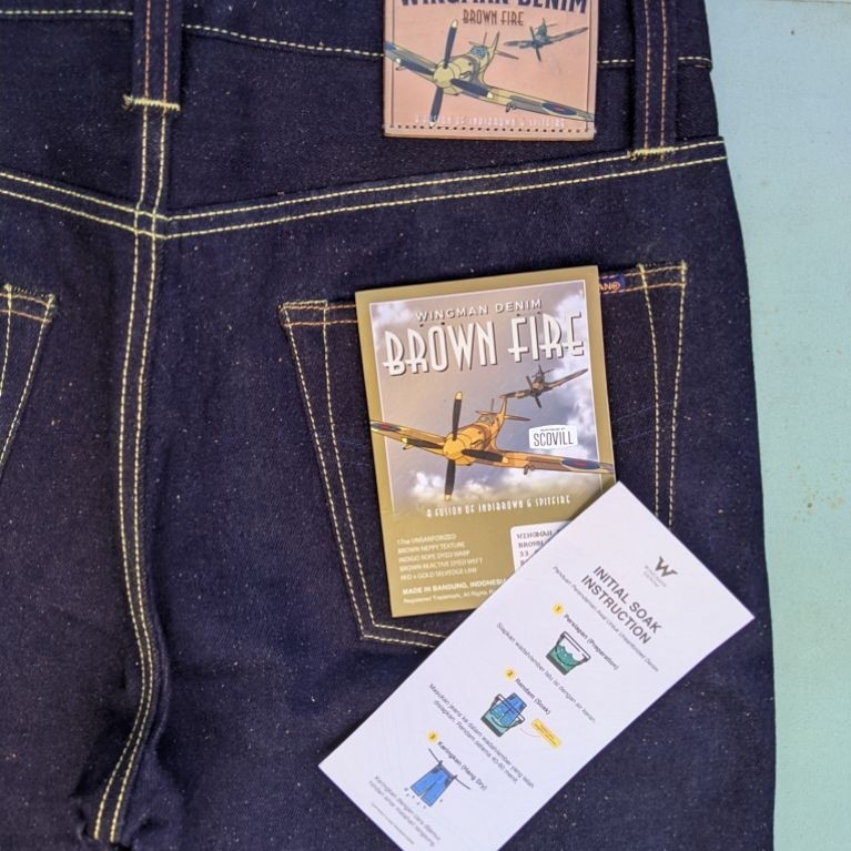 WINGMAN DENIM BROWNFIRE 17 OZ UNSANFOR SIZE 33 SLIM STARIGHT