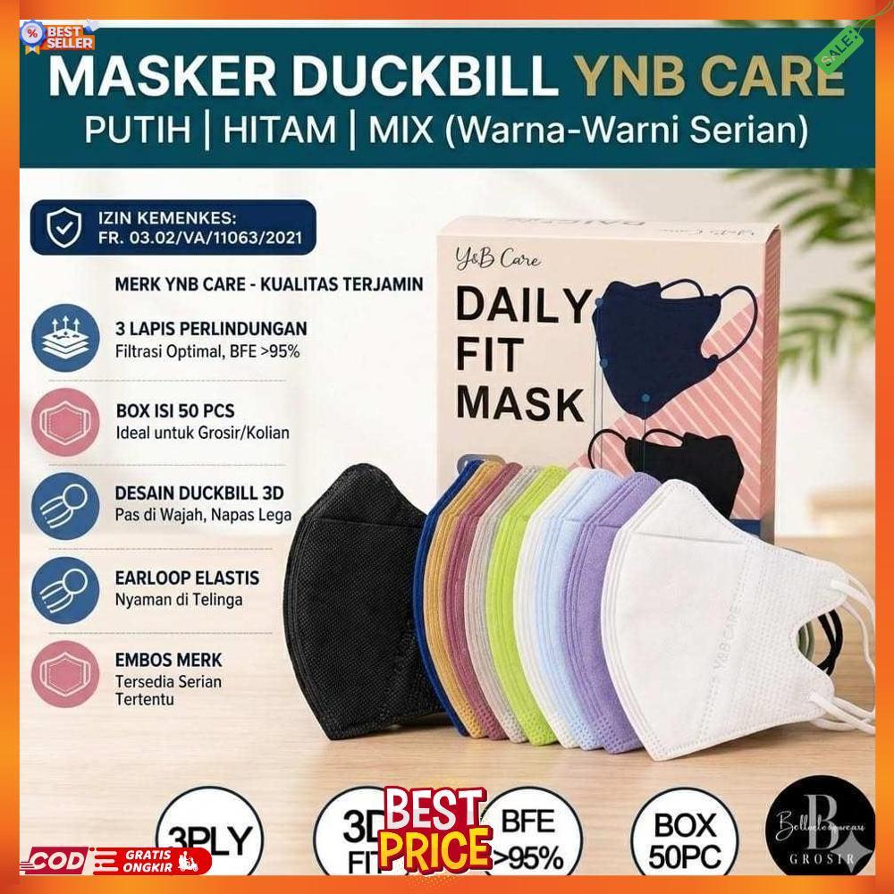 BELLA | MASKER DUCKBILL 3PLY YNB OR ORLEE PUTIH HITAM EMBOS RAINBOW ISI 50 Y&B CARE EMBOS KOREA EARL